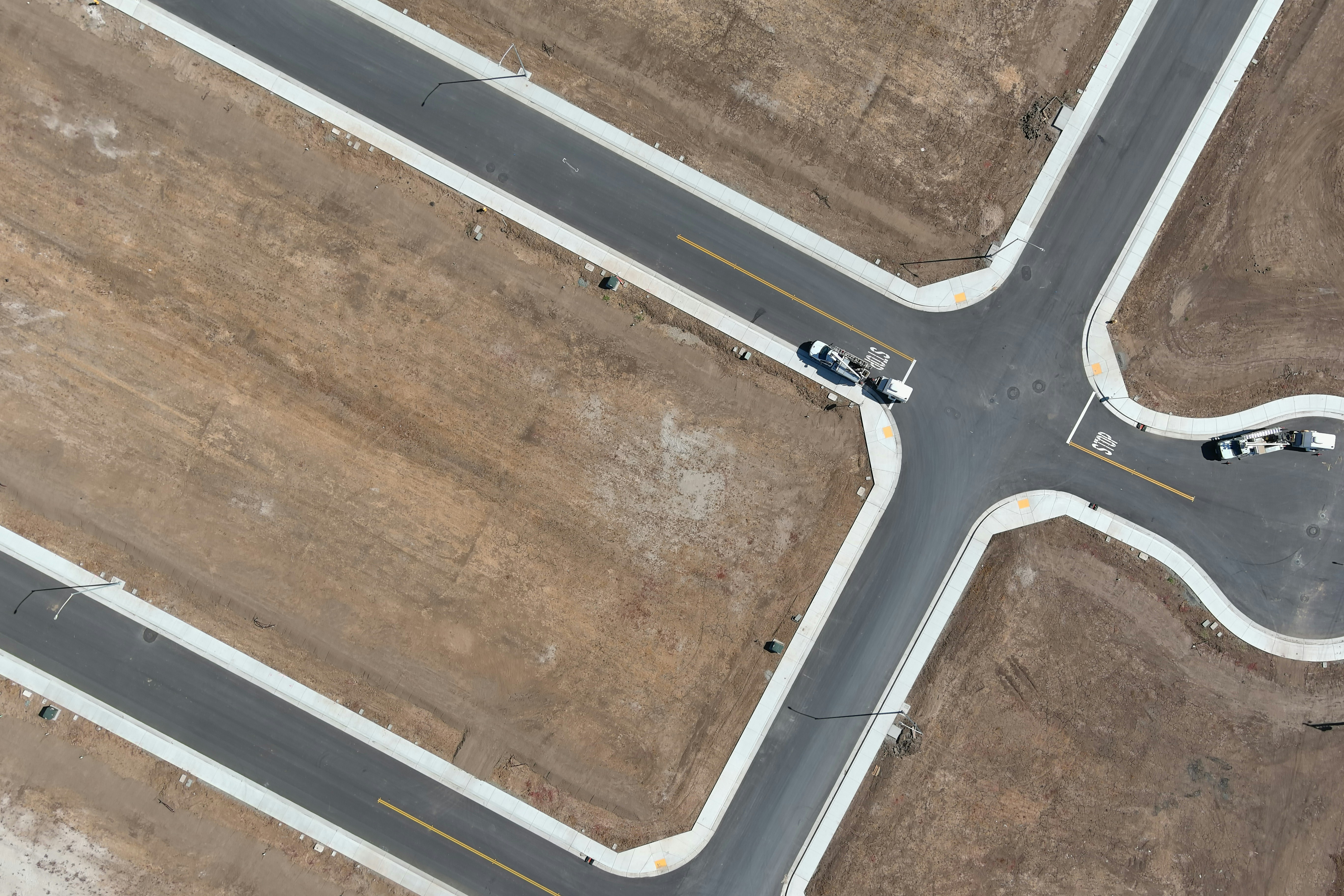 Aerial view of newly graded roads and land entitlement site